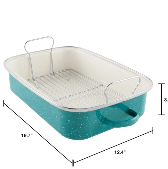 ❤️ New Pioneer Woman Teal Speckle Enamel on Steel Roaster with Rack - Picture 4 of 10